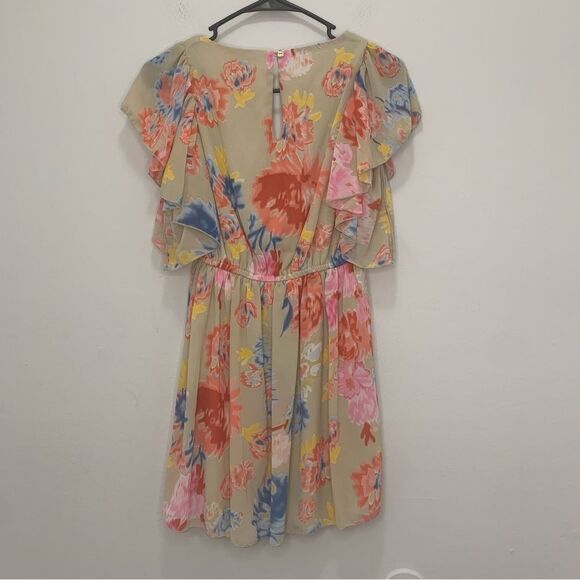 Margo and Sebastian Tan Floral Cap Sleeve Scoop Neck Mini Dress Size XS - Picture 2 of 7
